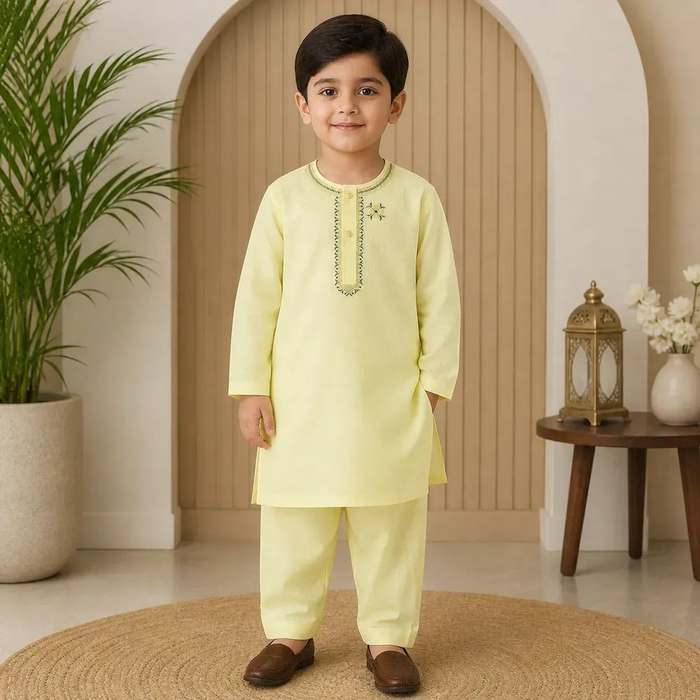 Boy's Yellow Embroidered Kurta Shalwar 6-12M