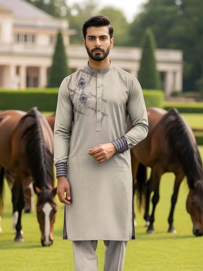 Men Cotton Embroidered Kurta Trouser Off White