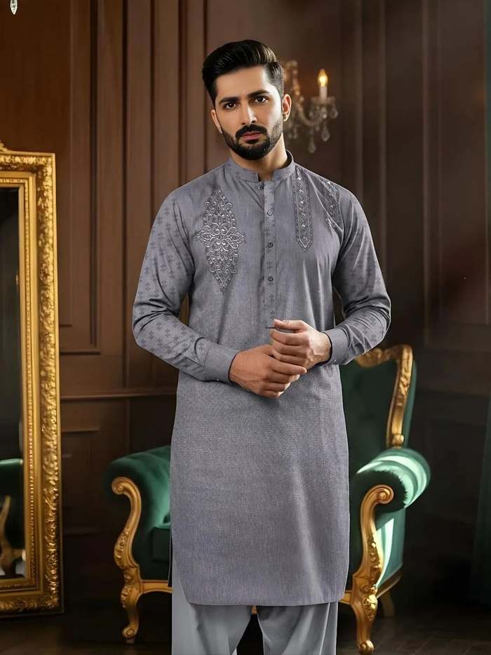 Grey Cotton Embroidered Kurta Set Men